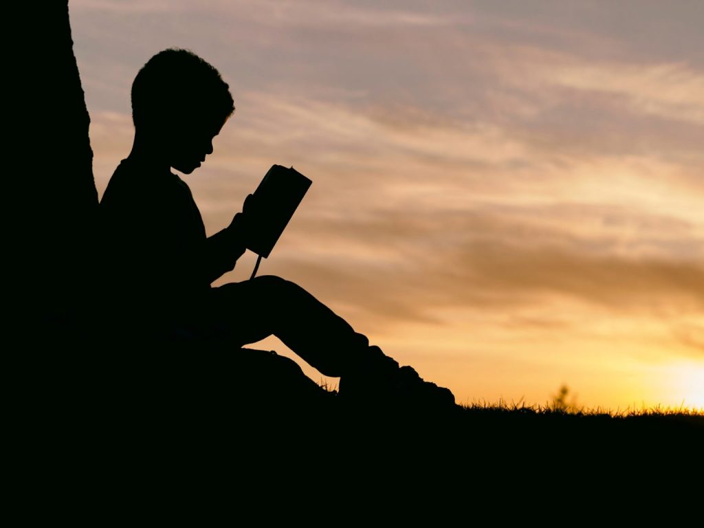 niño leyendo en campo 